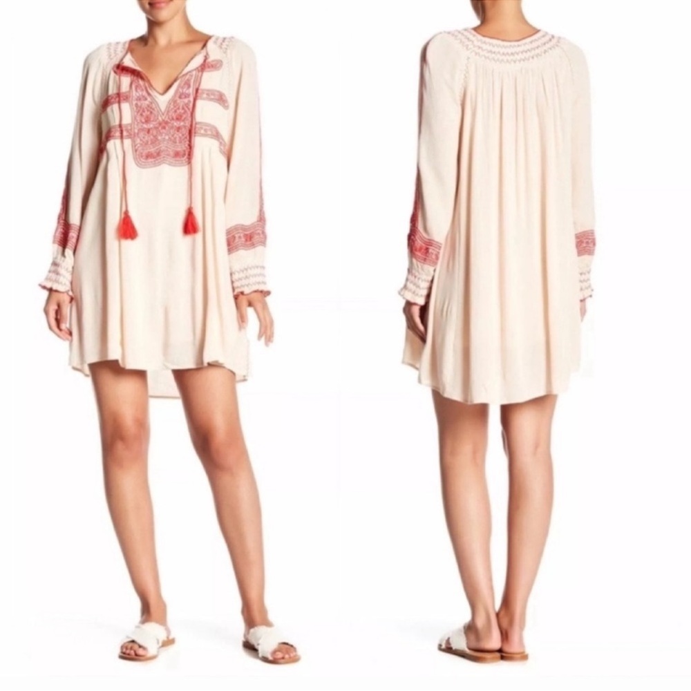 Free People Wind Willow Mini Dress XS Embroidered Boho Tassel Cream Red NWT